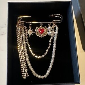 Bloomingdale's Gold and Red Heart Brooch with Pearls